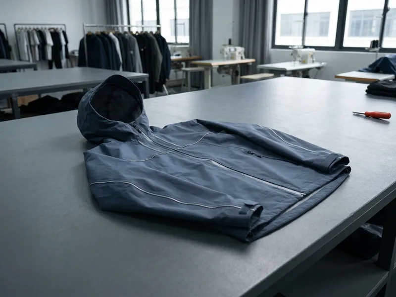Blank fishing jacket, no logo, no print, folded on a table